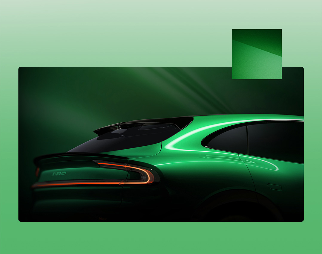 The side of the green car is revealed under soft lighting, with a background of gradient green tones, showcasing a sense of modernity and technology.