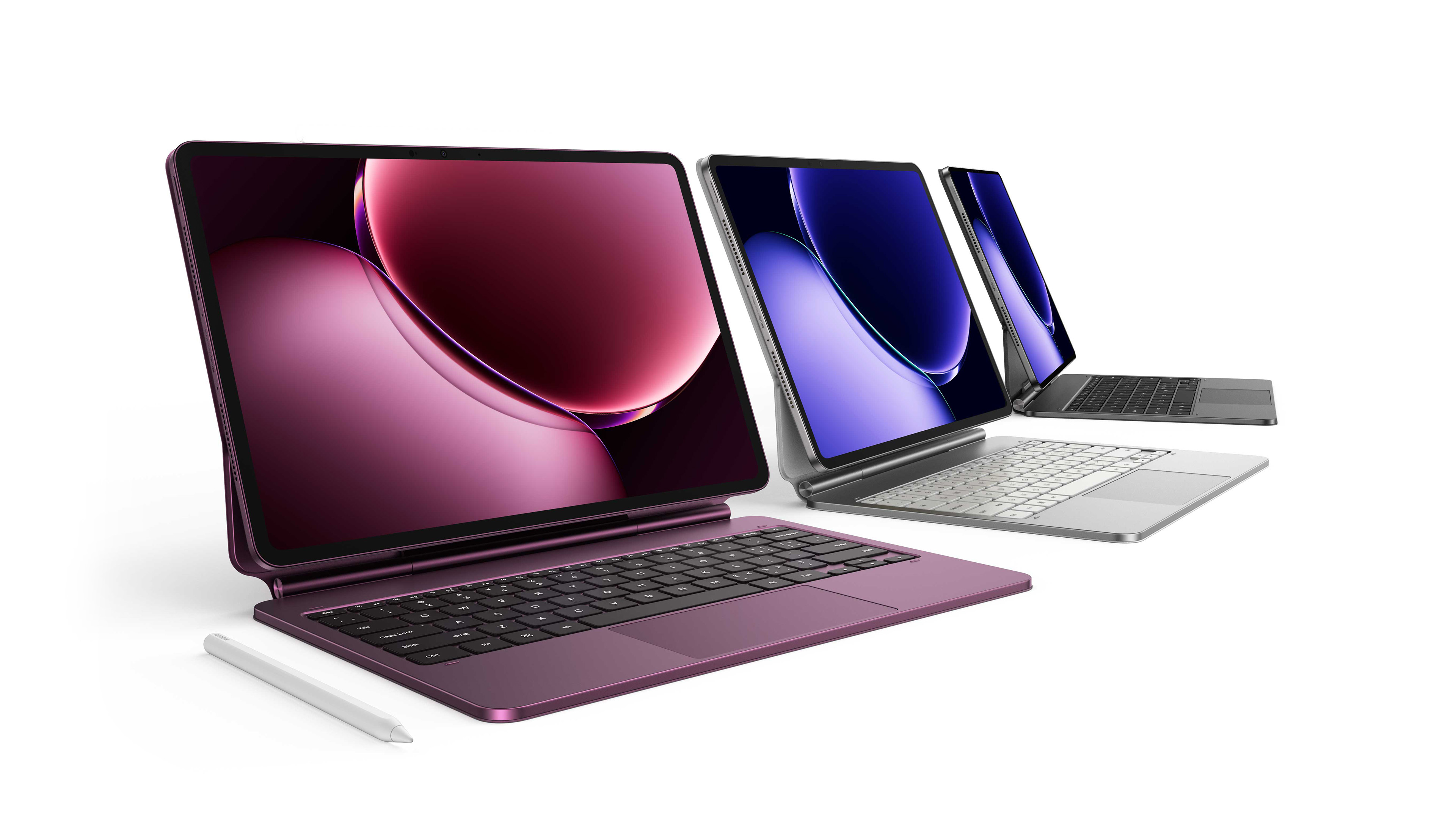 Three laptops are displayed side by side, with the left one being purple and equipped with a white stylus, the screen showing a soft purple sheen; the middle one is dark-colored, and the right one is silver, both having keyboards. The background is pure white.