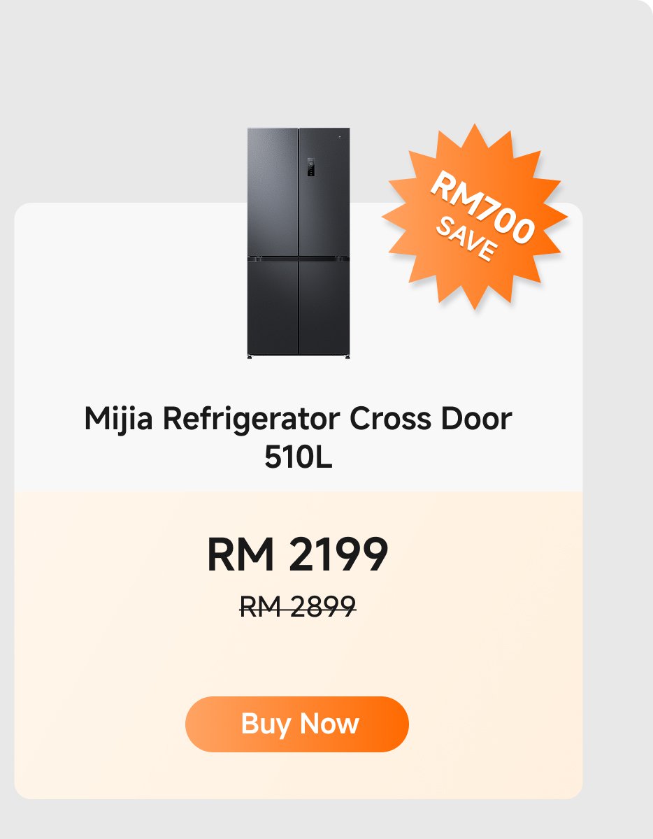 Mijia Cross Door Refrigerator, 510L, priced at RM 2199 (originally RM 2899), with a discount of RM 700. Option to "Buy Now" available.
