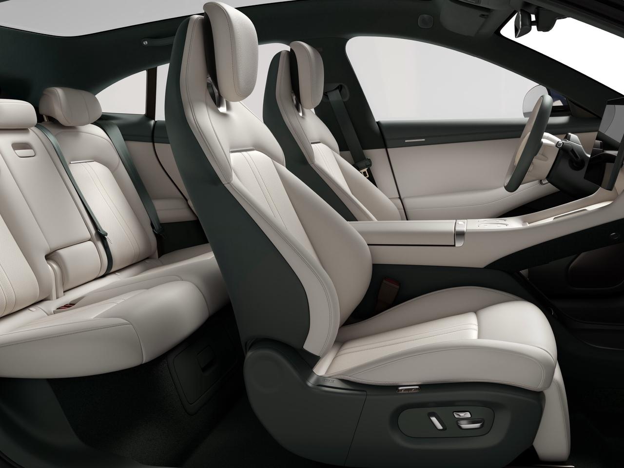 The interior of the modern car features off-white leather seats in both the front and back, with a minimalist and comfortable design. The car is equipped with seat belts and has a fresh and bright environment.