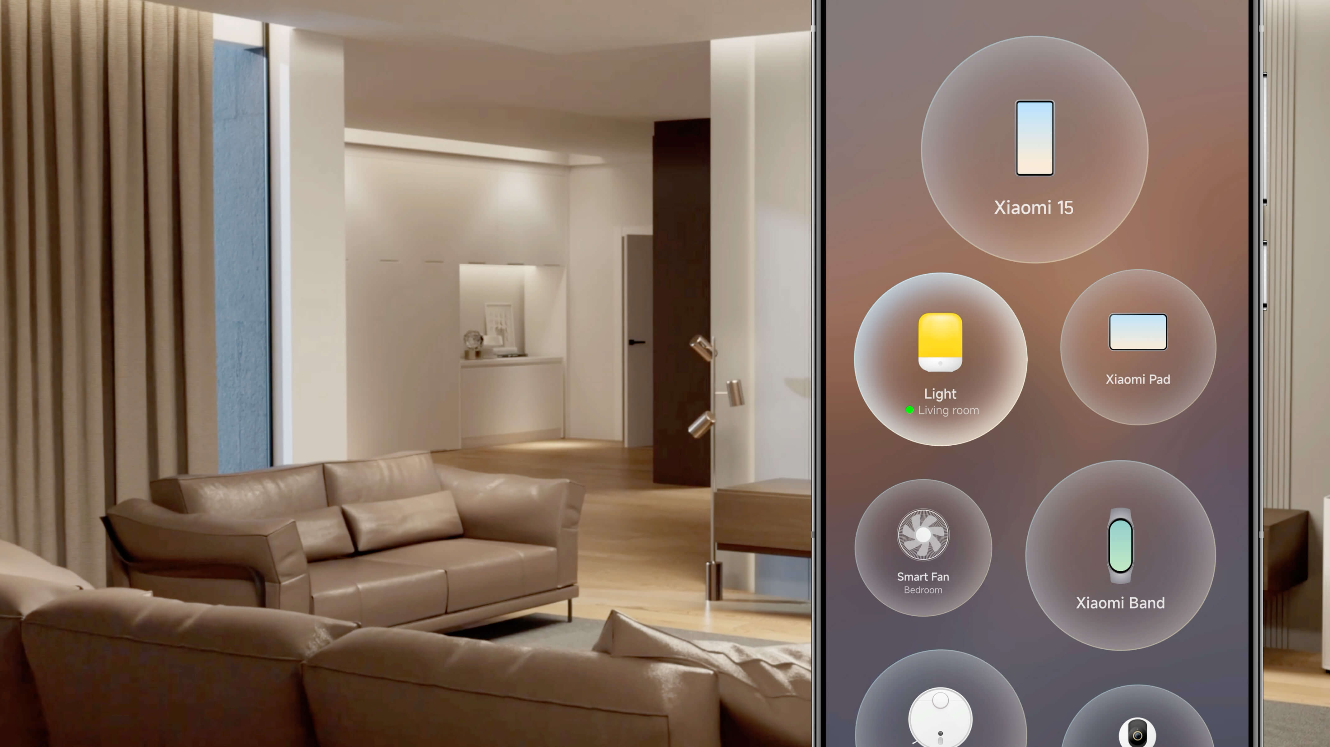 The smart control interface of a modern living room showcases connected devices including the Xiaomi 15 phone, living room lights, and the Xiaomi Pad, with a cozy indoor environment featuring a sofa and curtains in the background.