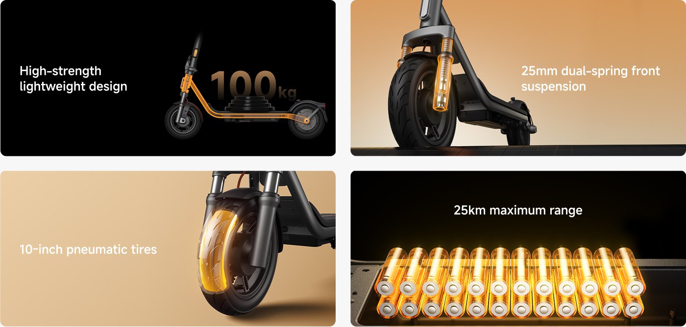The image showcases an electric scooter with several highlighted features:

1. High-strength lightweight design capable of supporting up to 100 kg.
2. 25mm dual-spring front suspension for improved ride comfort.
3. 10-inch pneumatic tires for better traction and stability.
4. A maximum range of 25 km on a single charge, supported by a battery pack illustration.