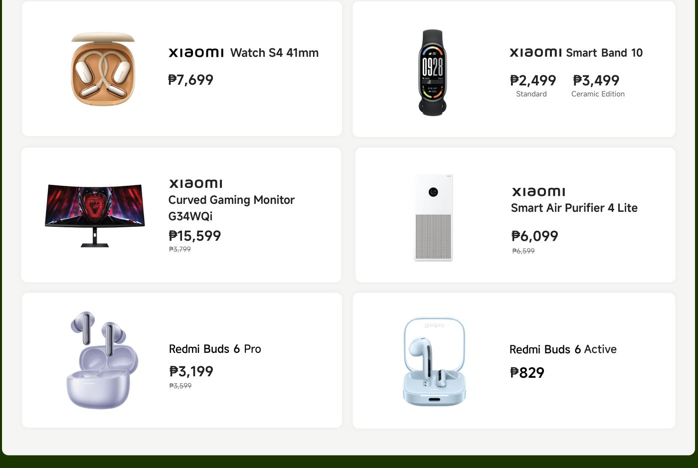 The Xiaomi product range includes smartwatches, headphones, fitness bands, curved gaming monitors, air purifiers, and televisions. The price range is from ₱829 to ₱40,990, suitable for consumers with different needs.