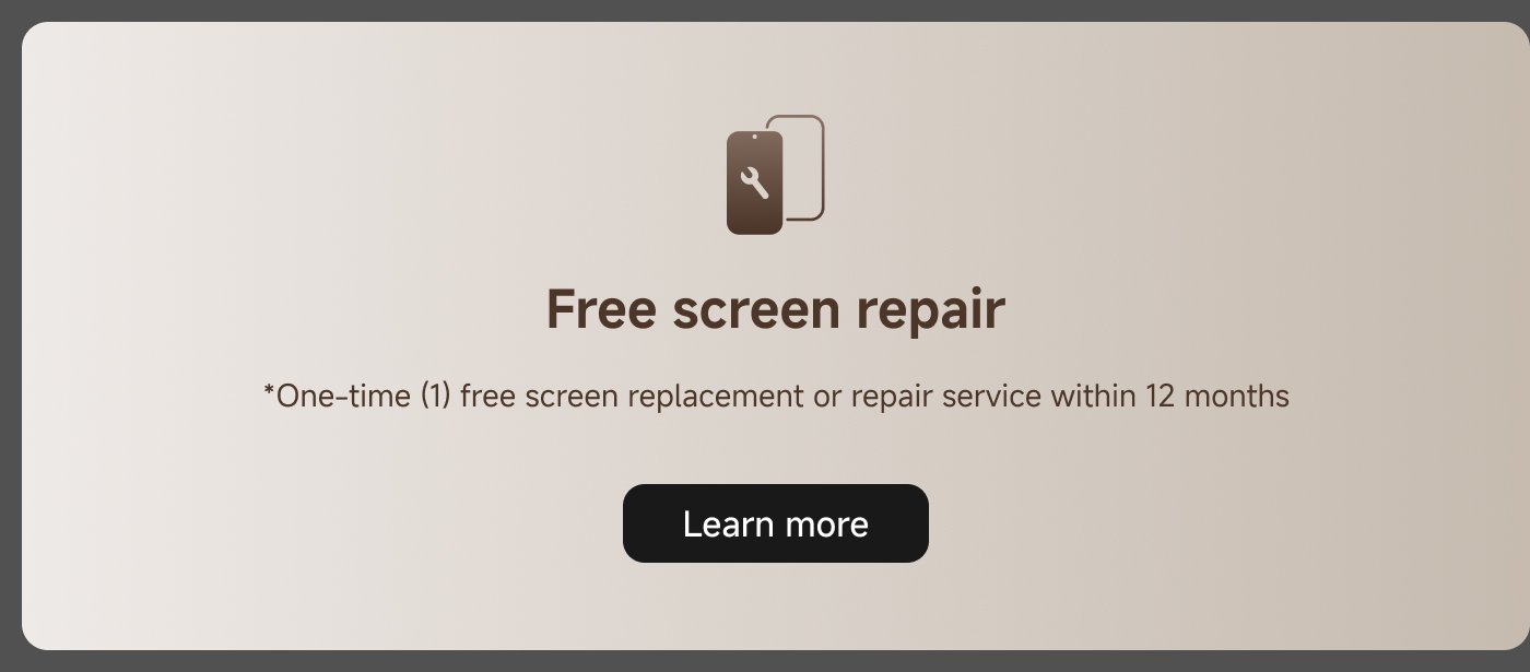 Free screen repair offer with a one-time service for screen replacement or repair within 12 months. Includes a "Learn more" button for additional details.