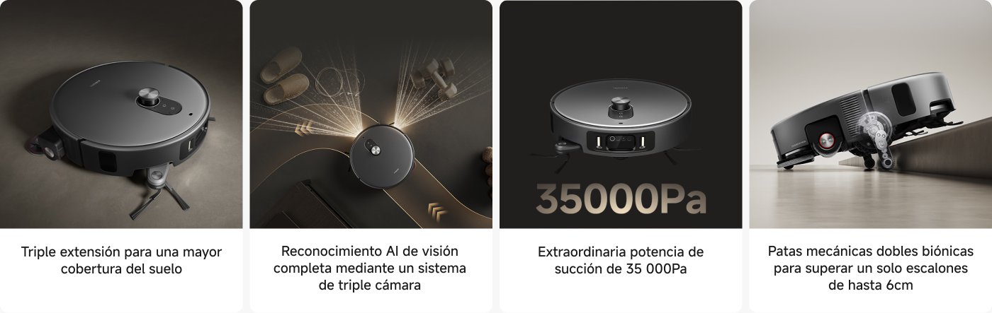 Un robot aspirador negro está presentado en la imagen, con varias características destacadas. Se menciona su triple extensión para mayor cobertura del suelo, reconocimiento AI con un sistema de triple cámara, una potencia de succión de 35,000Pa, y patas mecánicas dobles biónicas para superar escalones de hasta 6 cm.