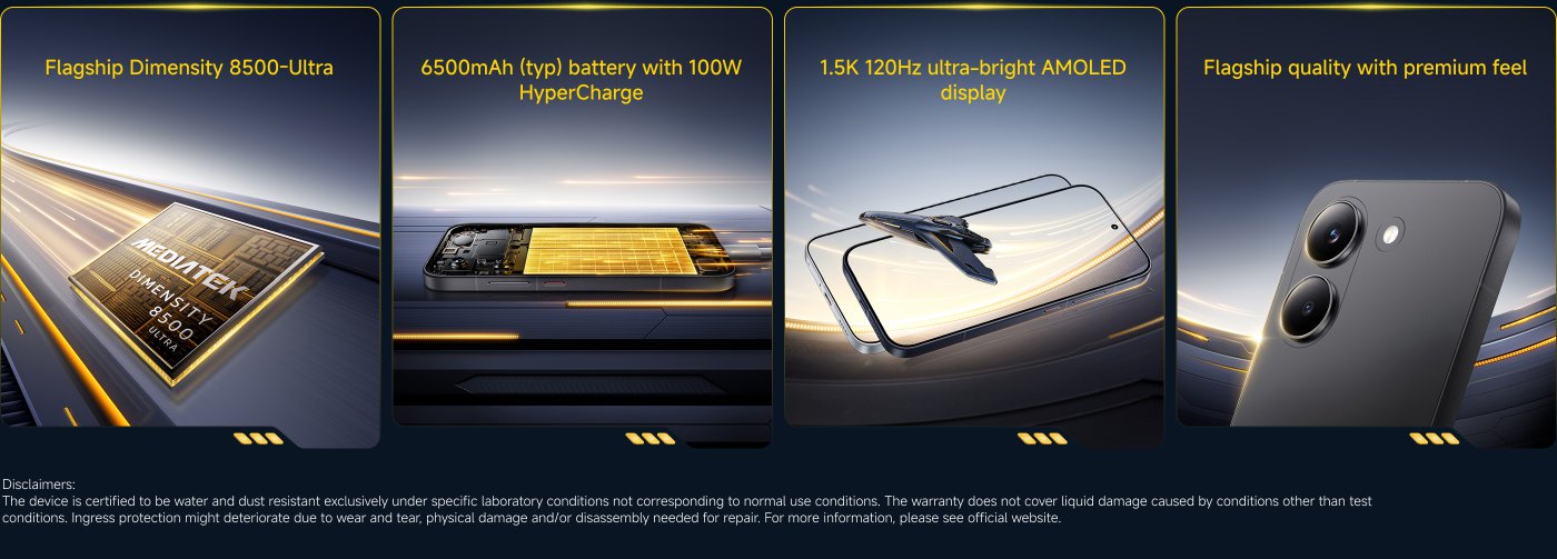 The image highlights key features of a smartphone, including:

1. **Processor**: MediaTek Dimensity 8500-Ultra.
2. **Battery**: 6500mAh with 100W HyperCharge.
3. **Display**: 1.5K 120Hz ultra-bright AMOLED.
4. **Design**: Flagship quality with a premium feel.

It also includes disclaimers about water and dust resistance under specific conditions.