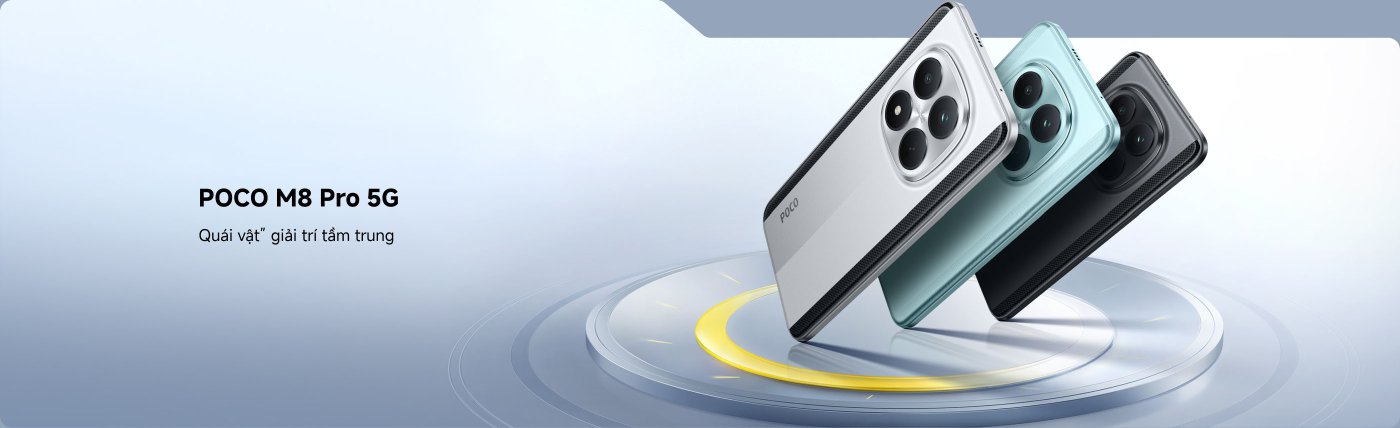 Điện thoại POCO M8 Pro 5G được trình bày, nền là màu gradient, thiết bị được sắp xếp theo ba màu sắc, nhấn mạnh thiết kế và chức năng của nó. Nội dung văn bản bao gồm tên sản phẩm và một câu slogan quảng cáo.