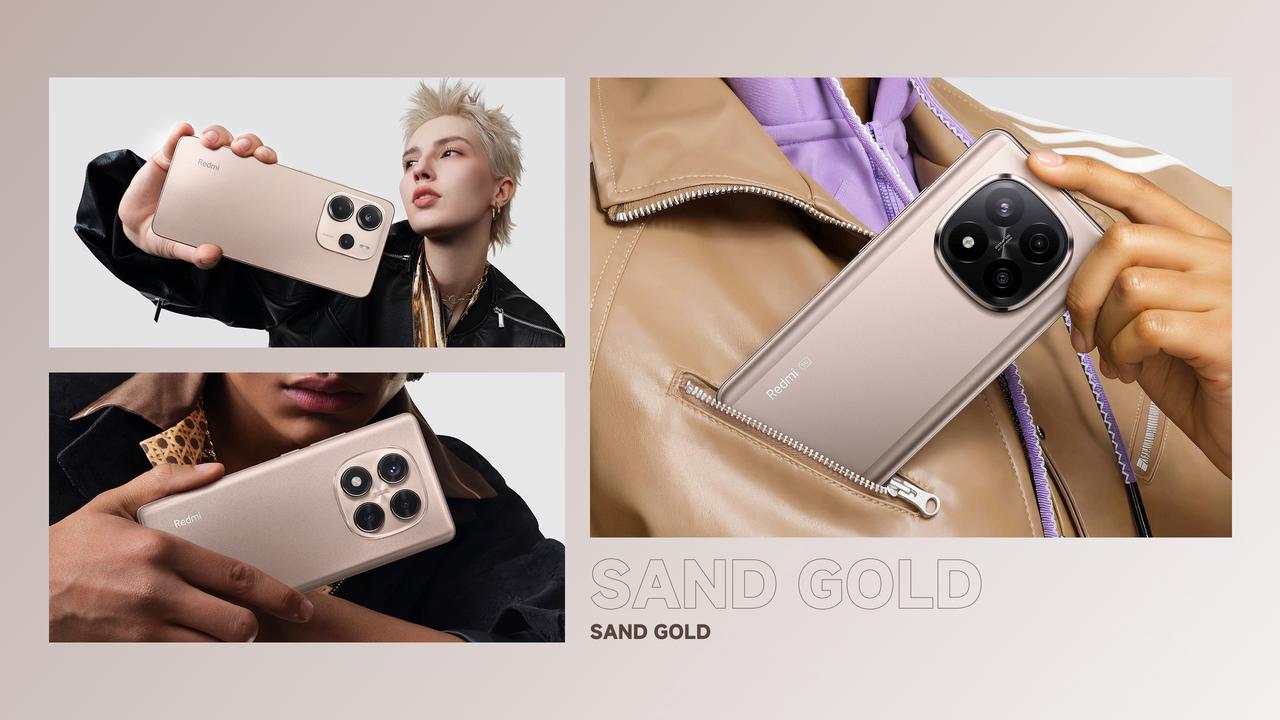 It shows two models holding a golden phone, with a minimalist design in the background. The back of the phone has three cameras, and there is a "Redmi" logo next to it. In the lower left corner, the text "SAND GOLD" is displayed.