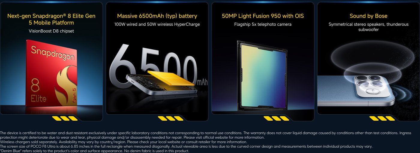 Platform Seluler Snapdragon® 8 Elite Gen 5 generasi berikutnya yang menampilkan chipset VisionBoost D8, baterai 6500mAh dengan pengisian cepat 100W melalui kabel dan 50W secara nirkabel, kamera telefoto Light Fusion 950 50MP dengan OIS, dan suara oleh Bose dengan speaker stereo simetris dan subwoofer.