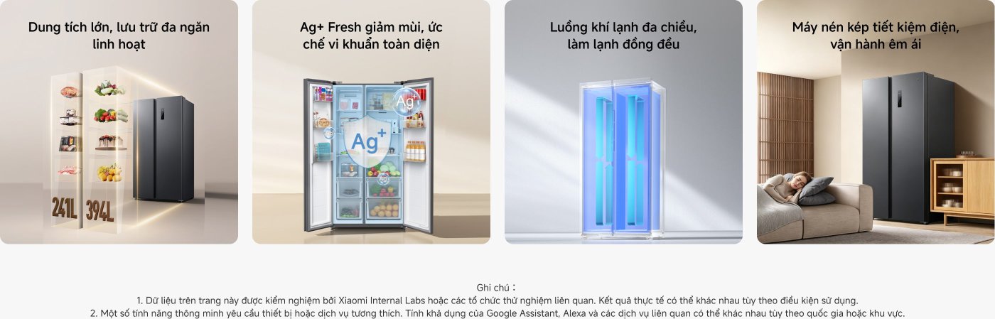 Đây là một bức tranh trình bày các đặc điểm của tủ lạnh, nội dung bao gồm:

- Dung tích lớn và không gian lưu trữ linh hoạt (241L và 394L).
- Công nghệ Ag+ Fresh giúp giảm mùi và hiệu quả ức chế vi khuẩn.
- Làm lạnh đa chiều, đảm bảo hiệu quả làm lạnh đồng đều.
- Tủ lạnh hai cánh thiết kế tiết kiệm năng lượng và yên tĩnh.
- Ghi chú cho biết dữ liệu đã được kiểm tra bởi các phòng thí nghiệm nội bộ của Xiaomi, kết quả thực tế có thể khác nhau tùy thuộc vào điều kiện sử dụng.

Tổng thể trình bày chức năng và thiết kế của tủ lạnh.