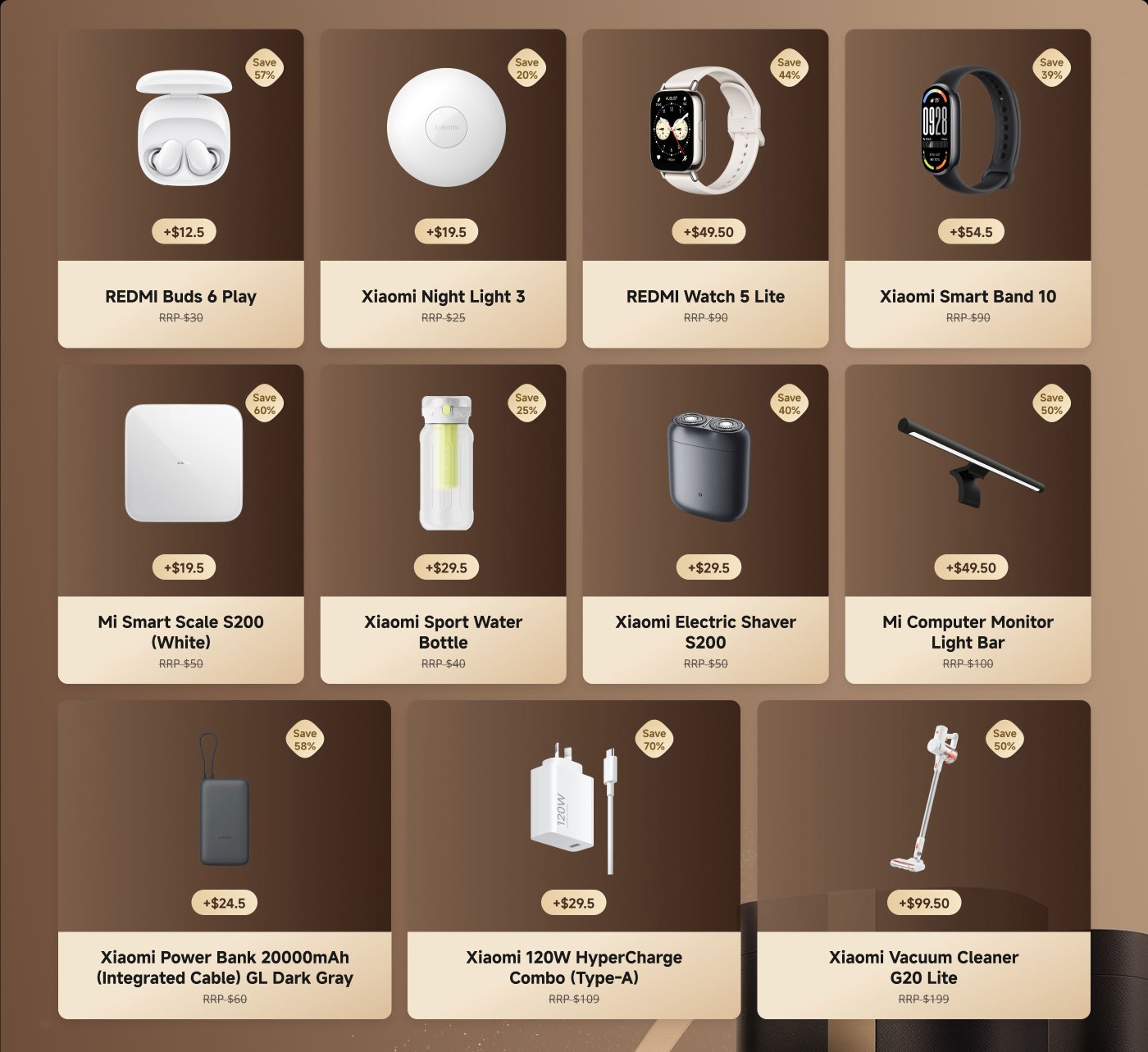 Xiaomi has launched exclusive additional offers, with purchase amounts starting from $59, providing the following discounted products: REDMI Buds 6 Play, Xiaomi Night Light 3, Mi Smart Scale S200, Xiaomi Vacuum Cleaner G20 Lite, etc., with prices ranging from $12.5 to $54.5.