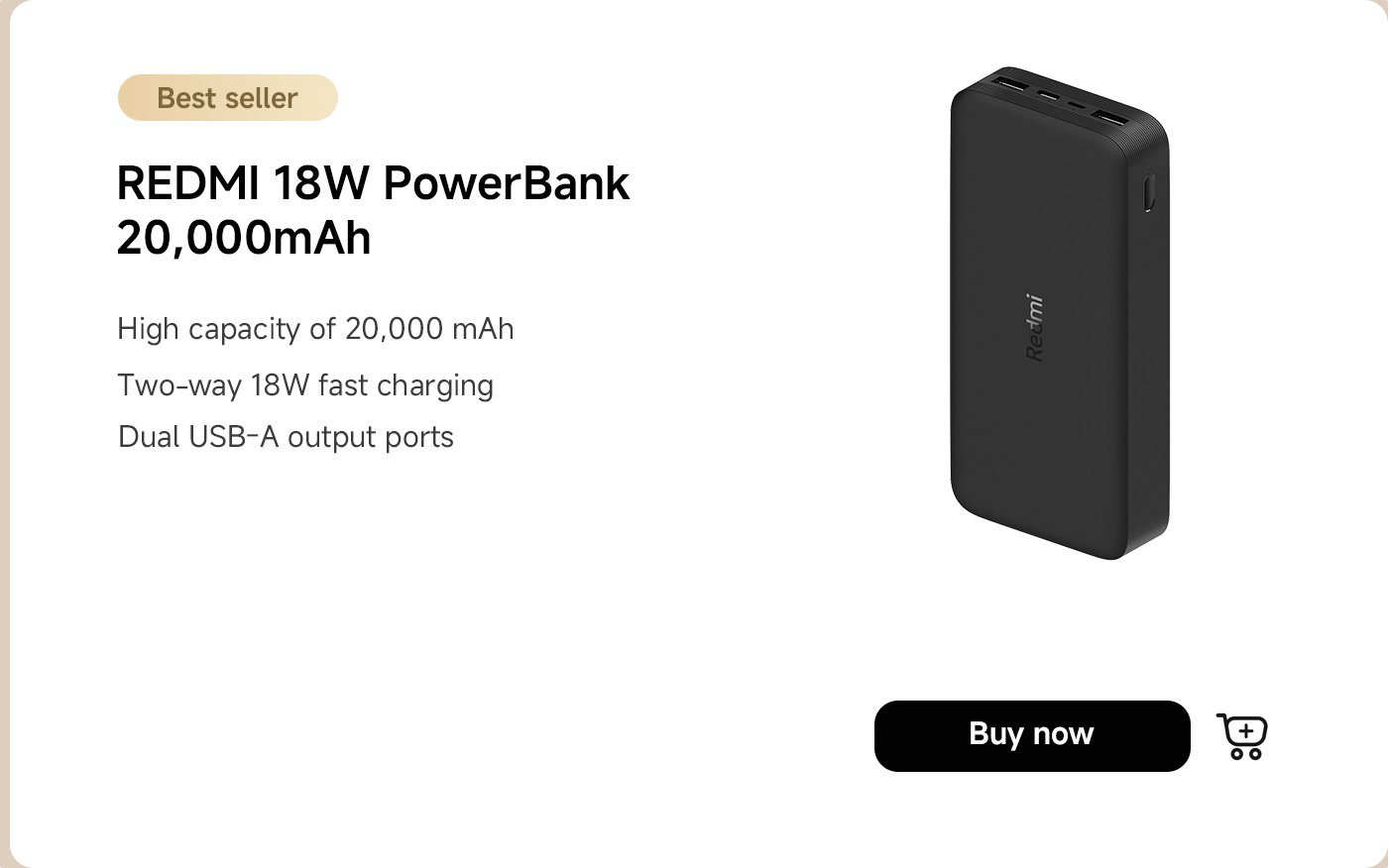 A black REDMI 18W PowerBank with a capacity of 20,000 mAh is showcased. It features two-way 18W fast charging and dual USB-A output ports. There is a "Buy now" button below the product.