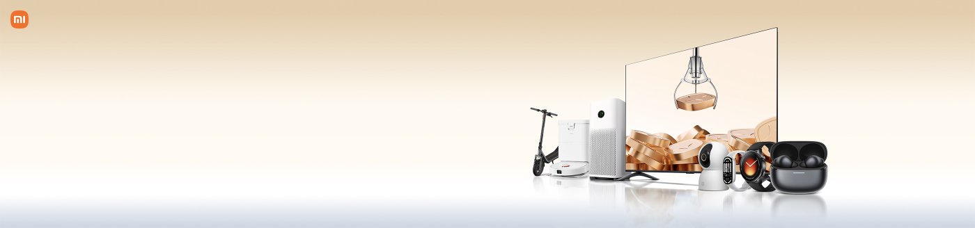 Una exhibición de una gama de productos Xiaomi, que incluye televisión, robot aspirador, purificador de aire, patinete eléctrico, cámara y auriculares inalámbricos, con un fondo de color degradado.