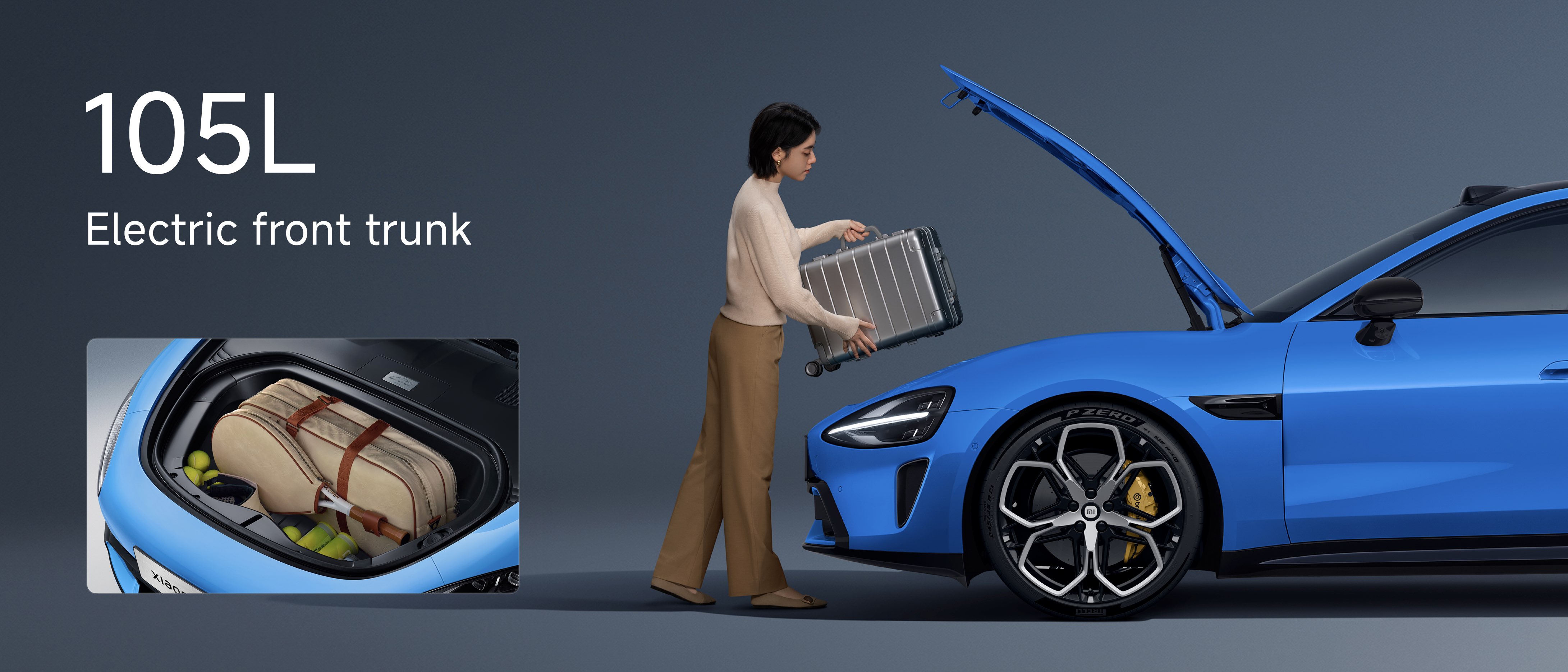 A woman is placing a suitcase into the electric front trunk of a blue car, with the background displaying the interior of the trunk, which contains a suitcase and several small items. The text mentions "105L" and "Electric front trunk."