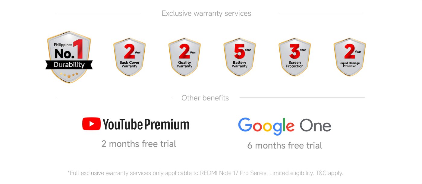 The image promotes a new smartphone featuring a brand new design that changes color in response to light and offers 3M drop resistance for added durability. It highlights exclusive warranty services, including a 5-year battery warranty, 3-year screen protection, and various 2-year warranties. Additionally, it offers benefits like a 2-month free trial of YouTube Premium and a 6-month free trial of Google One.