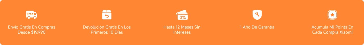 Ofrece envíos gratis en compras desde $19,990, devoluciones gratuitas en los primeros 10 días, financiación de hasta 12 meses sin intereses, un año de garantía y acumulación de Mi Points en cada compra de Xiaomi.