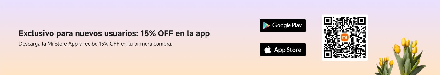 Texto promocional que ofrece un 15% de descuento en la primera compra para nuevos usuarios de la aplicación Mi Store. Se invita a descargar la app desde Google Play o App Store y se muestra un código QR para facilitar el acceso. El fondo tiene un degradado suave y flores.