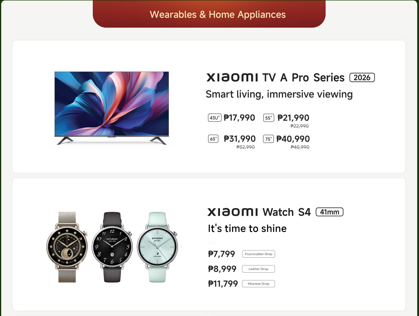 Xiaomi's wearable devices and home appliances include: Xiaomi Watch S4 (41mm, starting at ₱7,799), Xiaomi OpenWear Stereo Pro (₱7,699), Xiaomi Smart Band 10 (starting at ₱2,499).