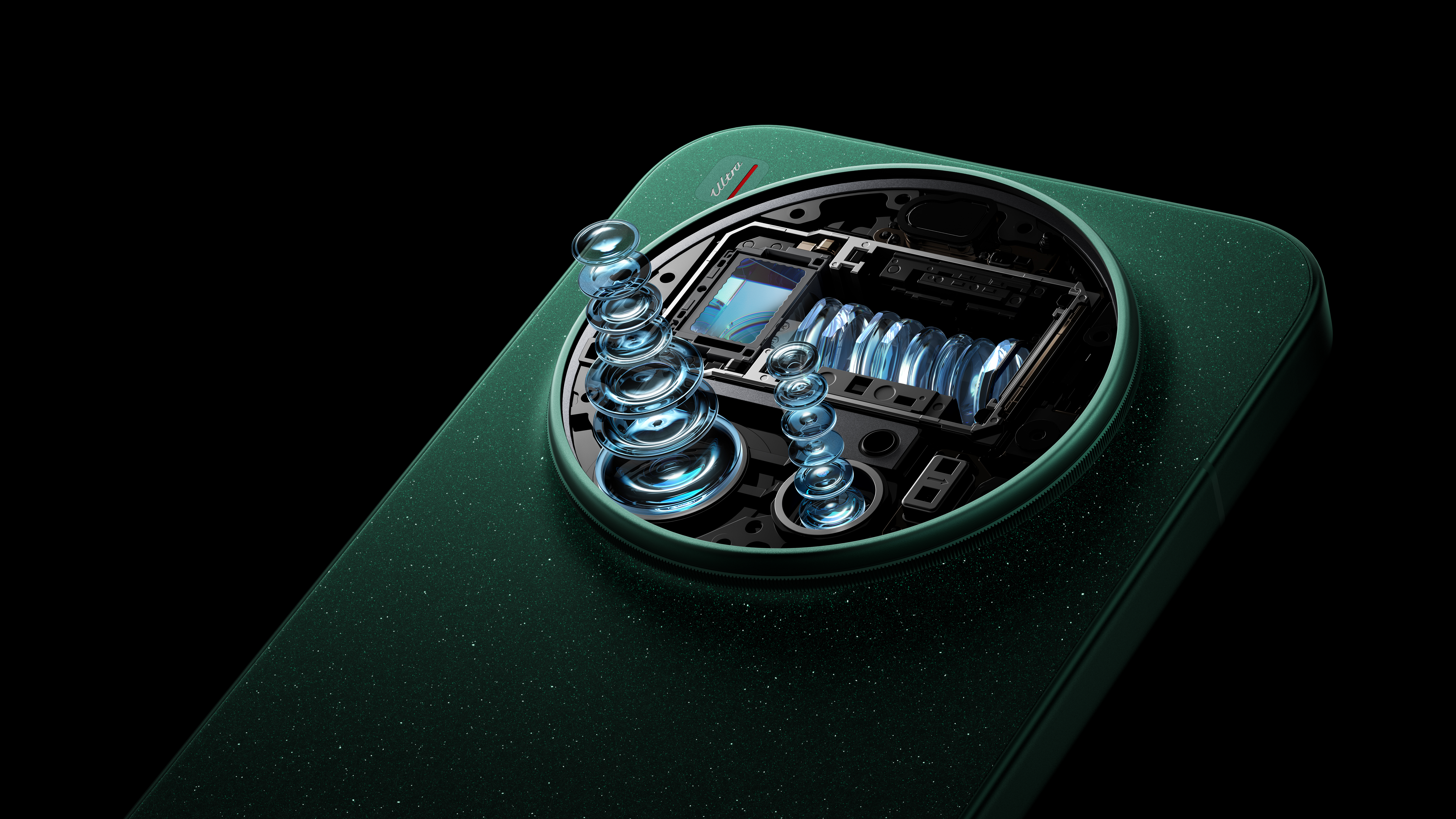 The internal structure of a green mobile phone is clearly visible, showcasing multiple transparent lenses and complex circuit designs, with a black background.