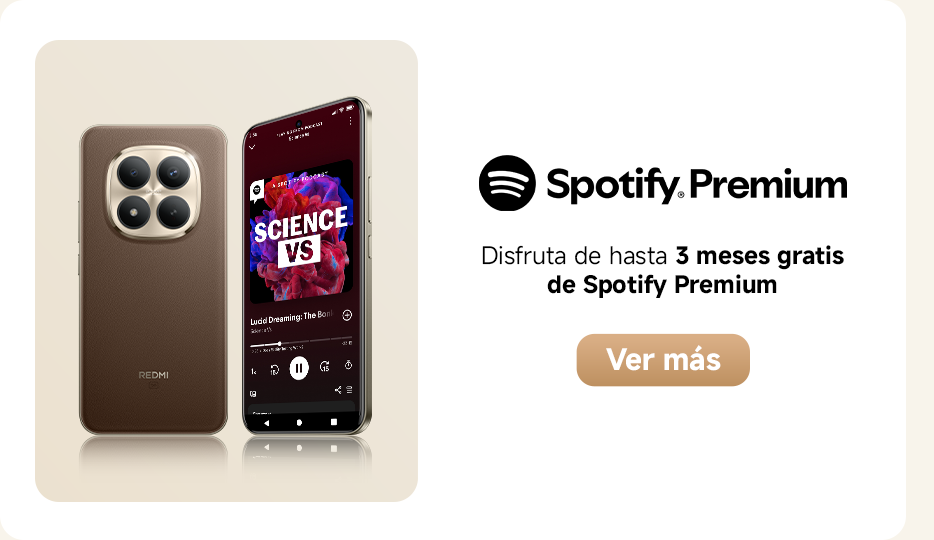 Un teléfono móvil marrón con una pantalla que muestra la interfaz de Spotify, destacando un podcast titulado "SCIENCE VS". El anuncio ofrece "hasta 3 meses gratis de Spotify Premium" y un botón para "Ver más".