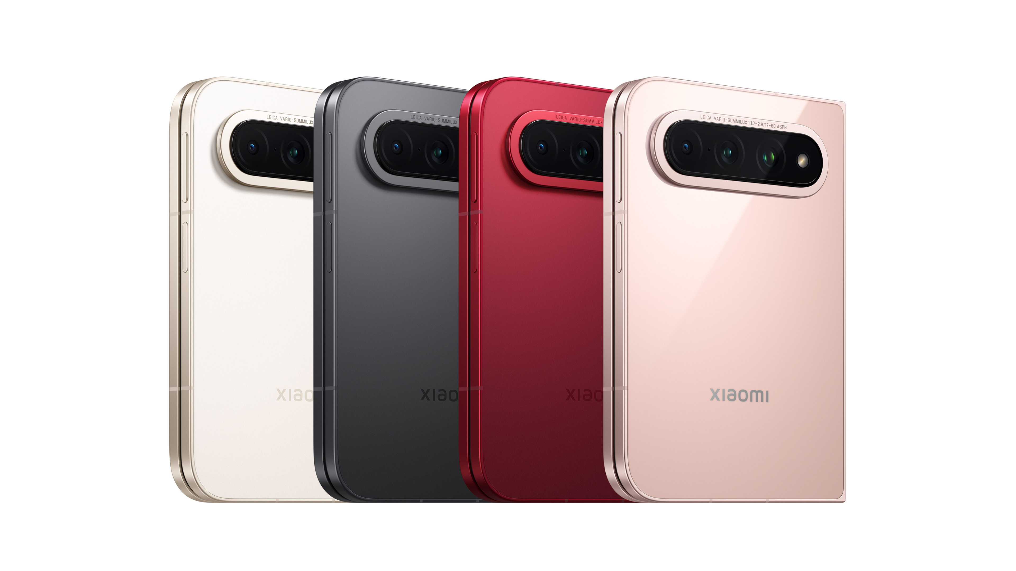 Four smartphones in different colors are displayed side by side, including gold, black, red, and pink, with a camera module on the back.