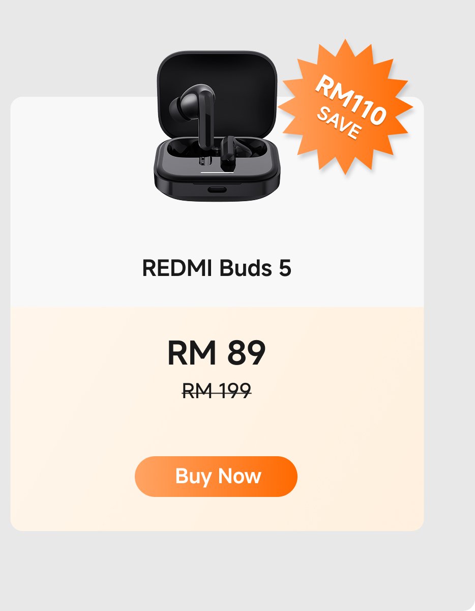 The promotional information for the REDMI Buds 5 shows a price of RM 89, down from the original price of RM 199, saving RM 110. The purchase button is marked "Buy Now."