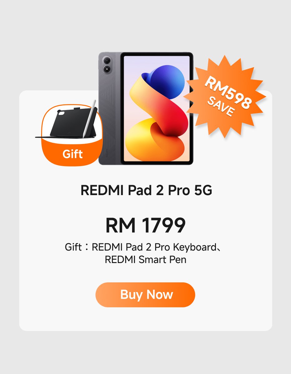 The advertisement showcases the REDMI Pad 2 Pro 5G, priced at RM 1799, with a discount of RM 598. A REDMI Pad 2 Pro keyboard and a REDMI smart pen are included with the purchase. An "Immediate Purchase" button is provided.