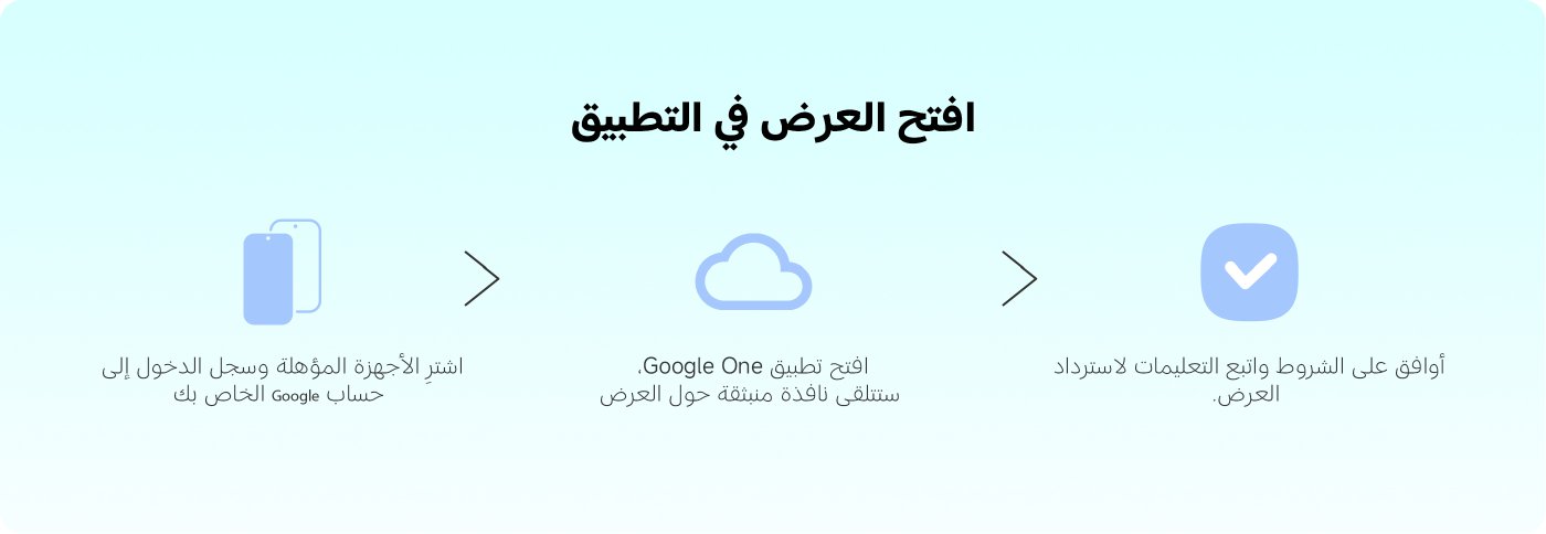 Activez l'offre Google One dans l'application :

1. Achetez des appareils éligibles et connectez-vous à votre compte Google.
2. Ouvrez l'application Google One et attendez qu'une fenêtre contextuelle sur l'offre s'affiche.
3. Acceptez les conditions générales et suivez les instructions pour activer l'offre.