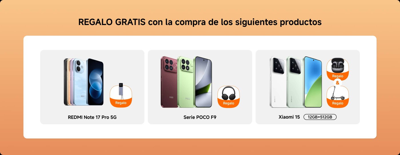 Oferta de regalo gratis con la compra de los siguientes productos:

1. **REDMI Note 17 Pro 5G** - regalo incluido.
2. **Serie POCO F9** - regalo de auriculares incluido.

Ambos productos aparecen en la imagen con sus respectivos regalos.