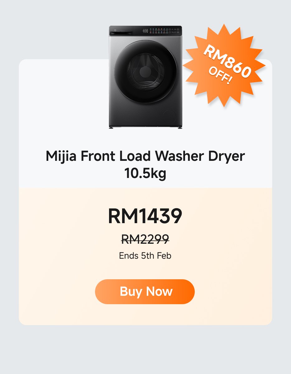 Mijia 10.5kg front-load washing and drying machine, promotional price RM1439, original price RM2299, save RM860. Offer valid until February 5, buy now.