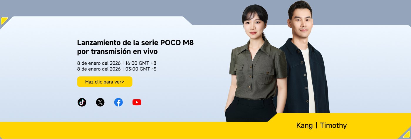 Lanzamiento de la serie POCO M8 por transmisión en vivo el 8 de enero del 2026 a las 16:00 GMT +8 y a las 03:00 GMT -5. Incluye enlaces a TikTok, Facebook y YouTube.