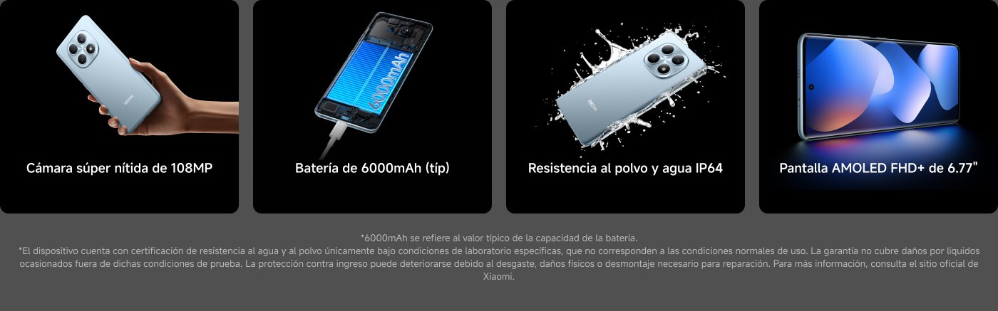 Imagen de un teléfono móvil con características destacadas: cámara de 108MP, batería de 6000mAh, resistencia al polvo y agua con certificación IP64, y pantalla AMOLED FHD+ de 6.77 pulgadas.