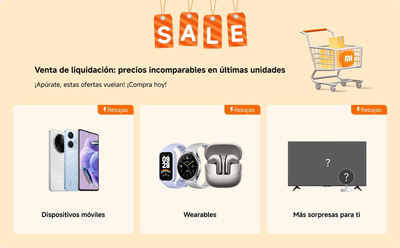 ¡Ventas líquidas: el precio incomparable de la última unidad! ¡Apresúrate, estas ofertas desaparecen rápidamente! ¡Compra hoy mismo! Muestra carrito de compras con dispositivos móviles, dispositivos portátiles y más sorpresas.