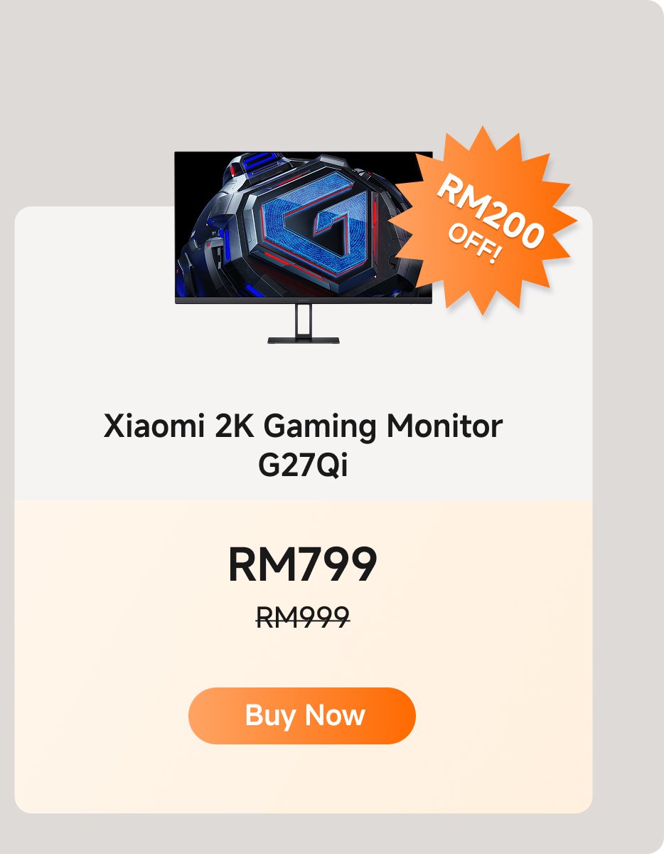 Xiaomi 2K Gaming Monitor G27Qi, now priced at RM799, original price RM999, discount RM200. The button shows "Buy Now".