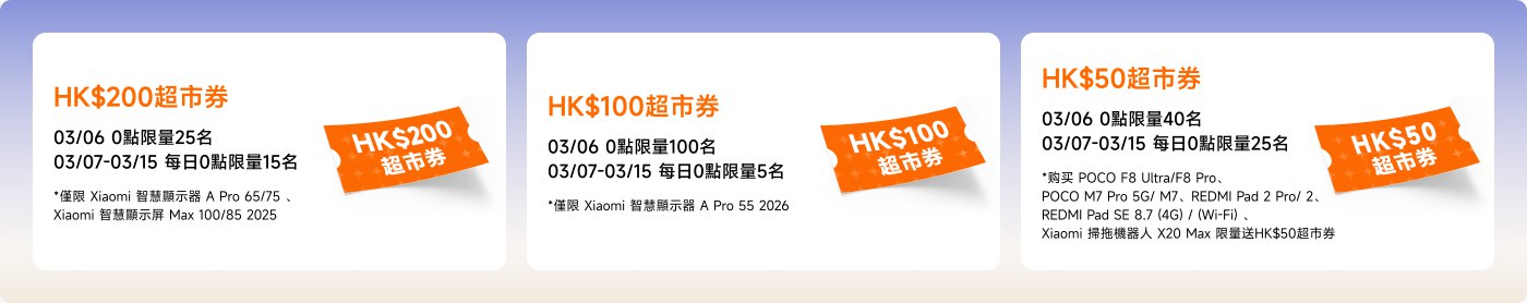 HK$200 supermarket coupon and HK$50 supermarket coupon promotional information. The HK$200 coupon is limited to 25 pieces on 03/06, and from 03/07 to 03/22, there are 15 pieces available daily, applicable for the purchase of specific Xiaomi smart devices. The HK$50 coupon is limited to 40 pieces on 03/06, and from 03/07 to 03/22, there are 25 pieces available daily, applicable for the purchase of specific POCO and REDMI products.