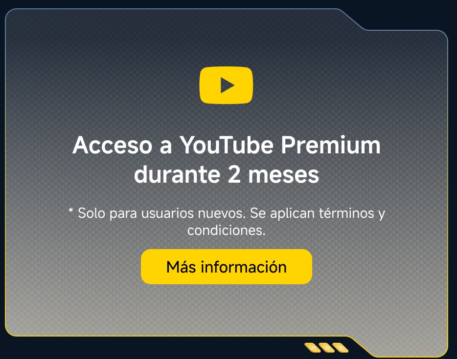 Acceso a YouTube Premium durante 2 meses. * Solo para usuarios nuevos. Se aplican términos y condiciones. Botón: Más información.