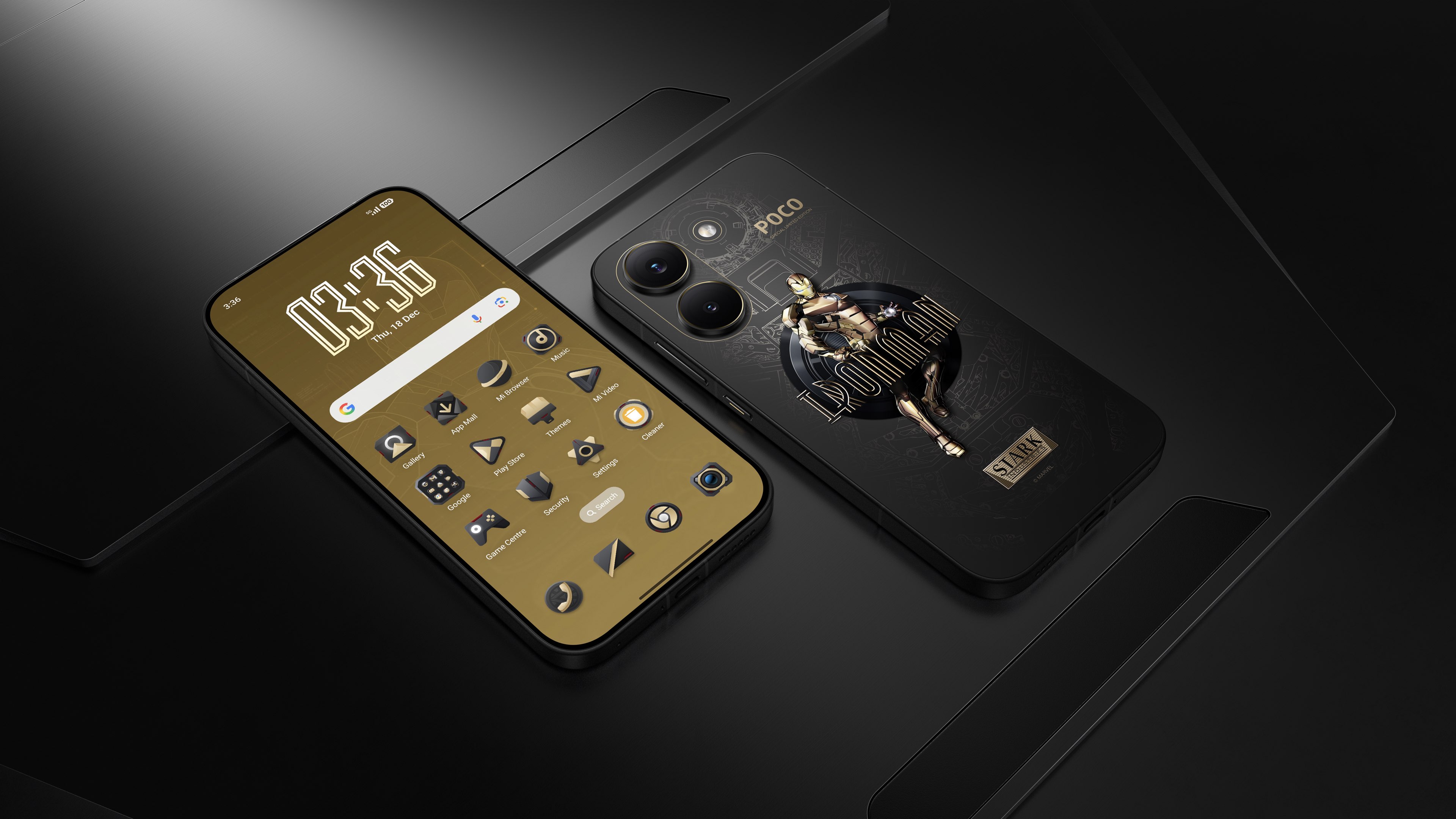 A mobile phone displays a golden-themed interface on the front, showing the time as 03:36 and the date as December 18. The back of the phone features a "Iron Man" design, with an overall color scheme of black and gold, set against a dark surface background.