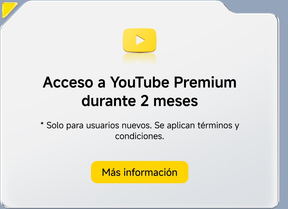 Acceso a YouTube Premium durante 2 meses. * Solo para usuarios nuevos. Se aplican términos y condiciones. Más información.