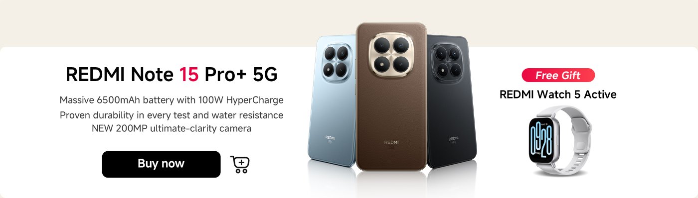 REMI Note 15 Pro+ 5G features a 6500mAh battery with 100W HyperCharge, known for durability and water resistance. It includes a new 200MP camera. Purchase now and receive a free REDMI Watch 5 Active.