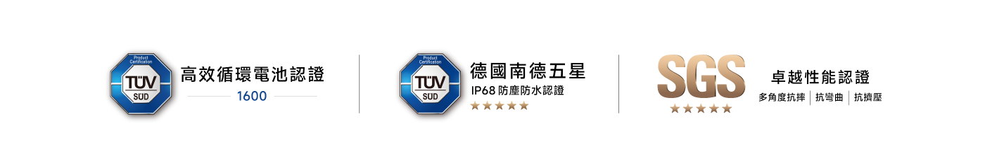 該圖包含“TÜV SÜD”的認證標誌，旁邊有中文文字“高效循環電池認證”和數字“1600”。整體設計簡潔，強調產品認證的可靠性。