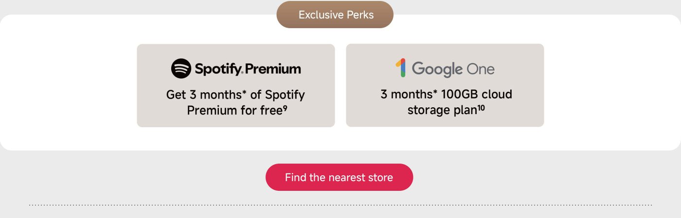 Exclusive perks offer 3 months of Spotify Premium for free and 3 months of 100GB Google One cloud storage. A button is available to find the nearest store.