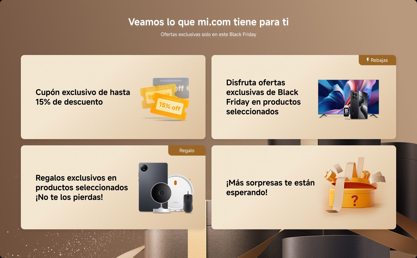Ofertas exclusivas de Black Friday en mi.com, incluyendo un cupón de hasta 15% de descuento y regalos en productos seleccionados。