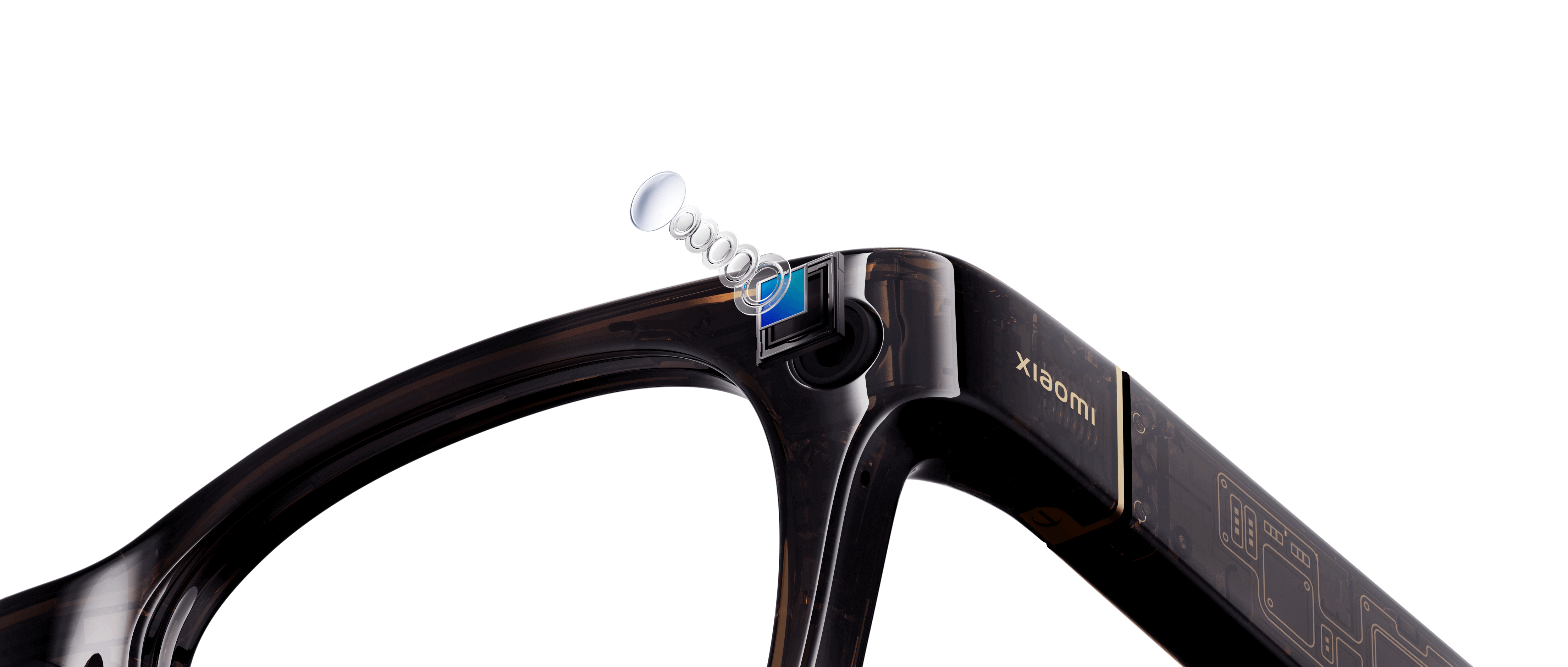 A close-up of a pair of glasses shows the details of the frame, including the brand logo "xiaomi" and the electronic components inside the frame.