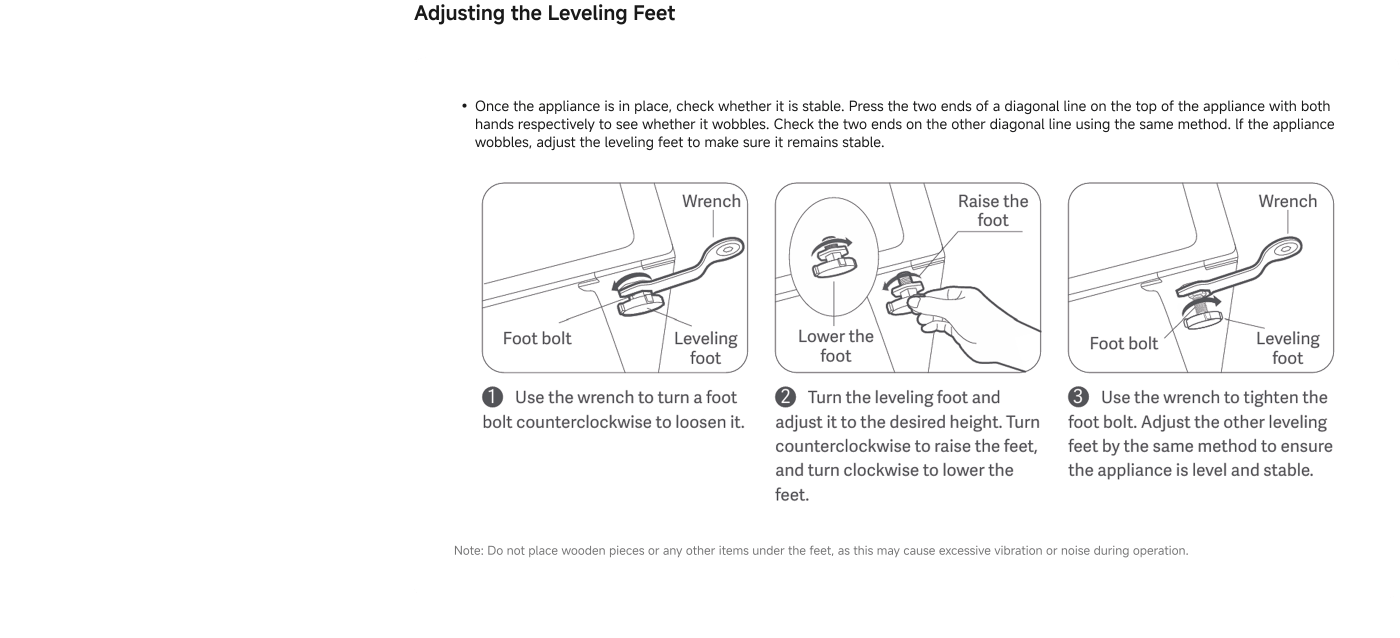 Instructions for adjusting leveling feet of an appliance:

1. **Check Stability**: Ensure the appliance is stable by pressing the ends of both diagonal lines on top. If it wobbles, adjust the leveling feet.

2. **Loosen Foot Bolt**: Use a wrench to turn the foot bolt counterclockwise to loosen it.

3. **Adjust Height**: Turn the leveling foot to raise or lower it. Counterclockwise raises the foot, clockwise lowers it.

4. **Tighten Bolt**: After adjustments, use the wrench to tighten the foot bolt. Repeat for other leveling feet to ensure the appliance is level.

**Note**: Avoid placing wooden pieces or items under the feet to prevent excessive vibration or noise.