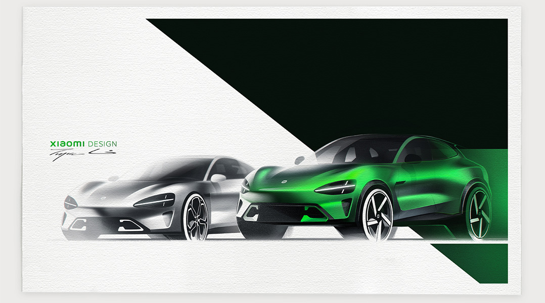 The design sketches of two cars, one a silver sports car and the other a green SUV, with the silver model on the left and the green model on the right. The background features a minimalist pattern of white and dark green geometric shapes, and in the upper left corner, there is the text "XIAOMI DESIGN."