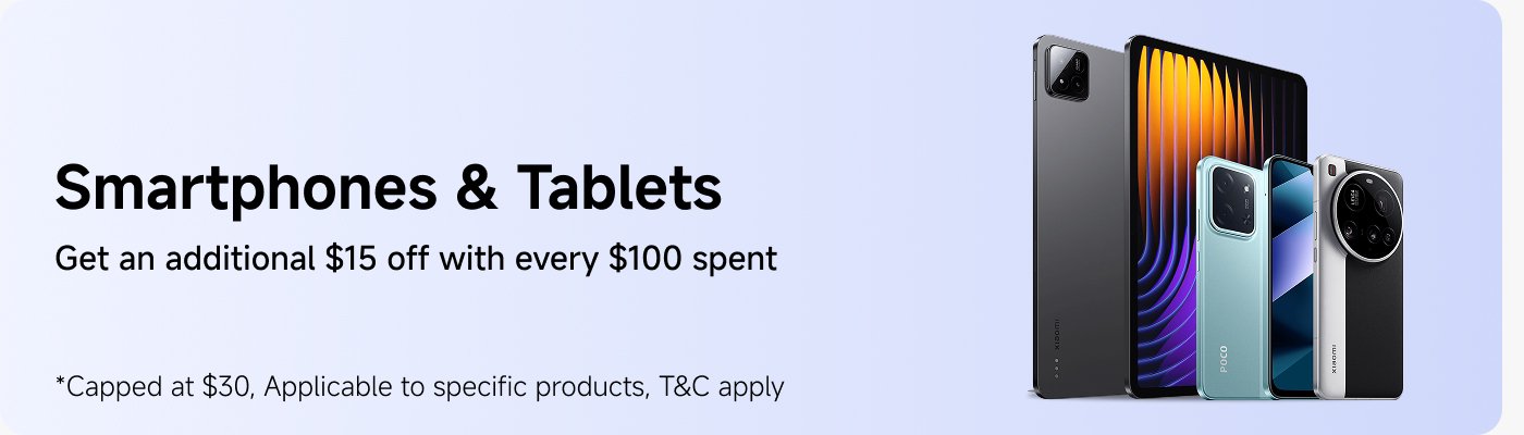 Smartphones and tablets are displayed with a promotion offering an additional $15 off for every $100 spent, capped at $30. The products include various models, showcasing their designs. Terms and conditions apply.