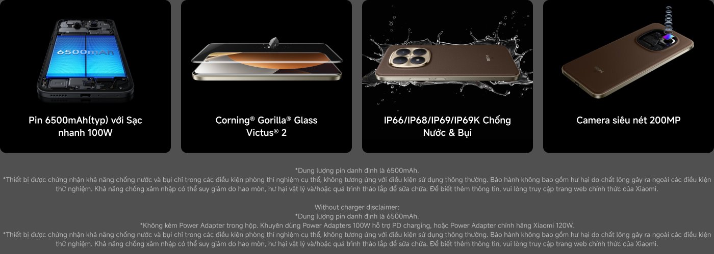 Pin 6500mAh with fast charging 100W, Corning® Gorilla® Glass Victus® 2 display, water and dust resistance (IP66/IP68/IP69/IP69K), and 200MP camera.

Note: Standard battery capacity 6500mAh, no charger included, it is recommended to use the original charger. Water and dust resistance is only under test conditions.