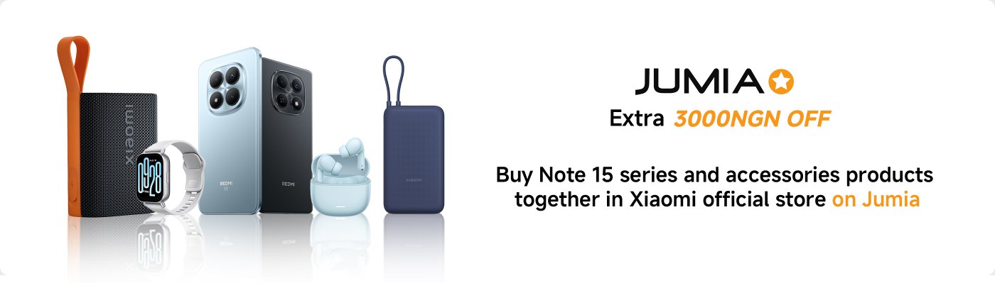 Promotional image featuring various Xiaomi products, including a smartphone, wireless earbuds, a smartwatch, and power banks. The advertisement highlights an extra discount of 3000 NGN when purchasing the Note 15 series and accessories from the Xiaomi official store on Jumia.
