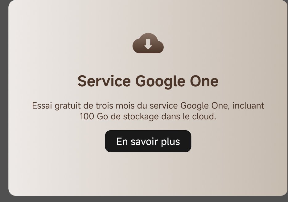 Essai gratuit de trois mois du service Google One, incluant 100 Go de stockage dans le cloud. Bouton pour en savoir plus.