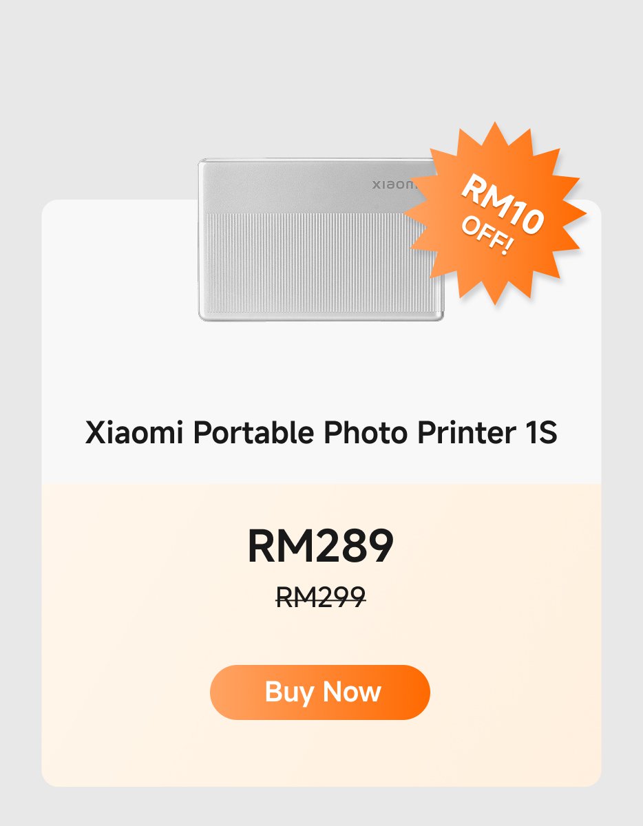 The Xiaomi Portable Photo Printer 1S is priced at RM289, originally RM299, with a discount of RM10. The button is labeled "Buy Now."